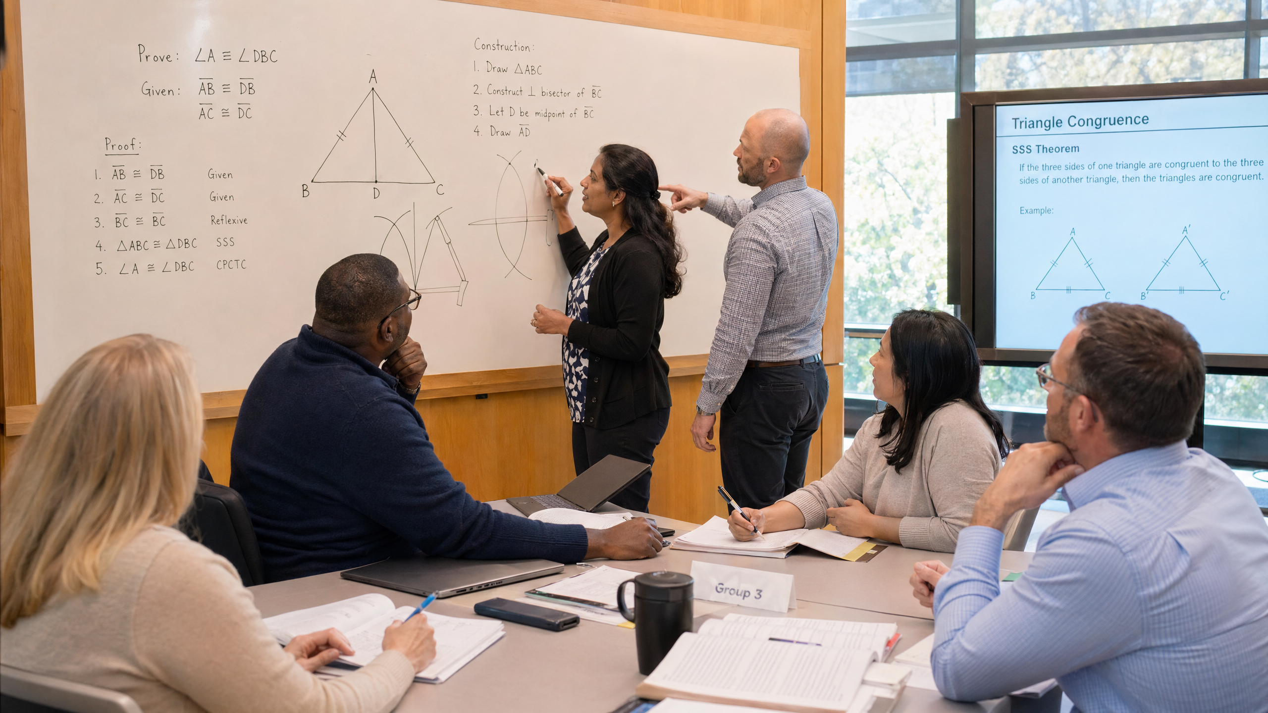 Teachers collaborating at whiteboard on geometric proofs